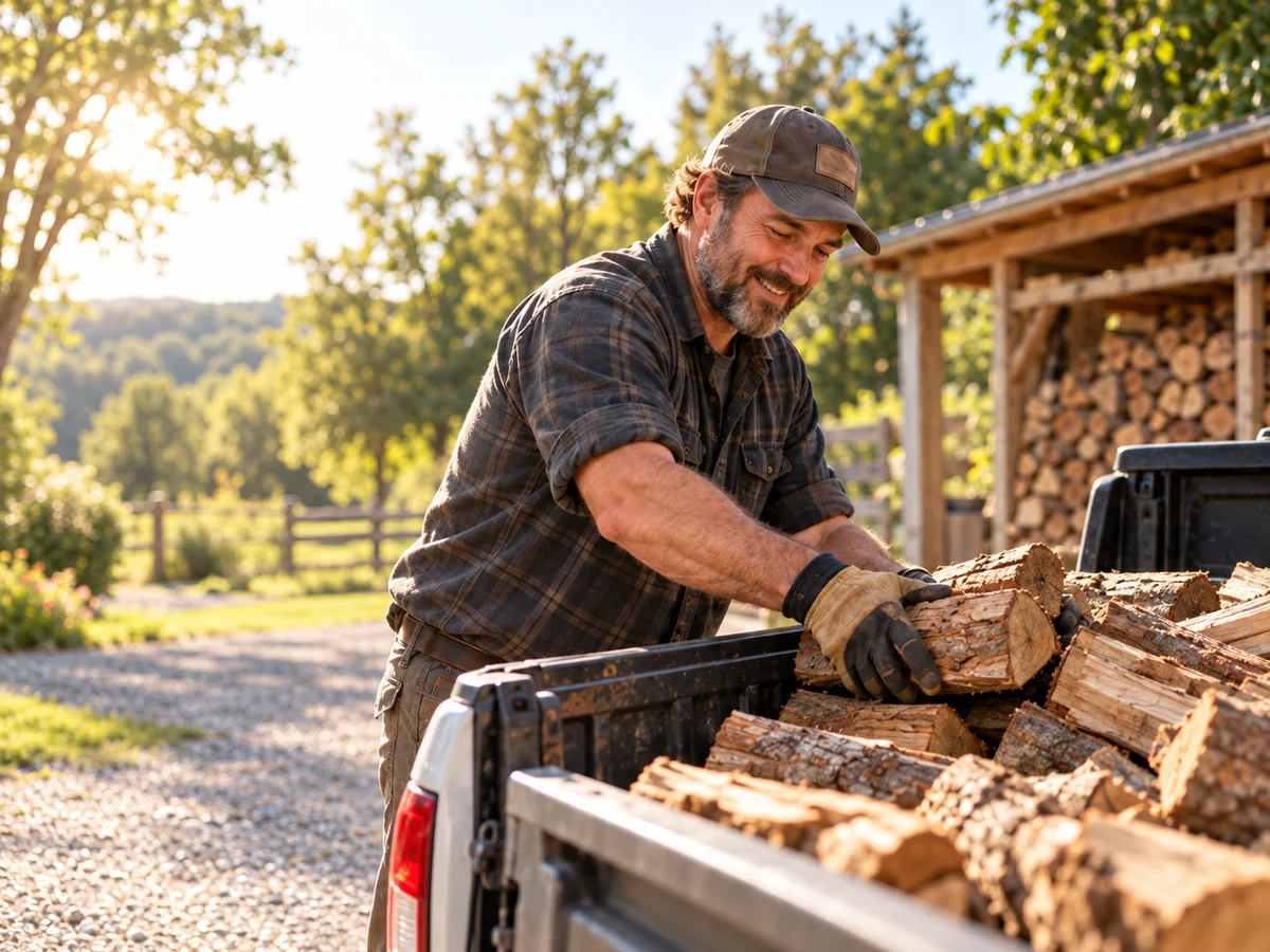 A home-services worker loading firewood into a truck