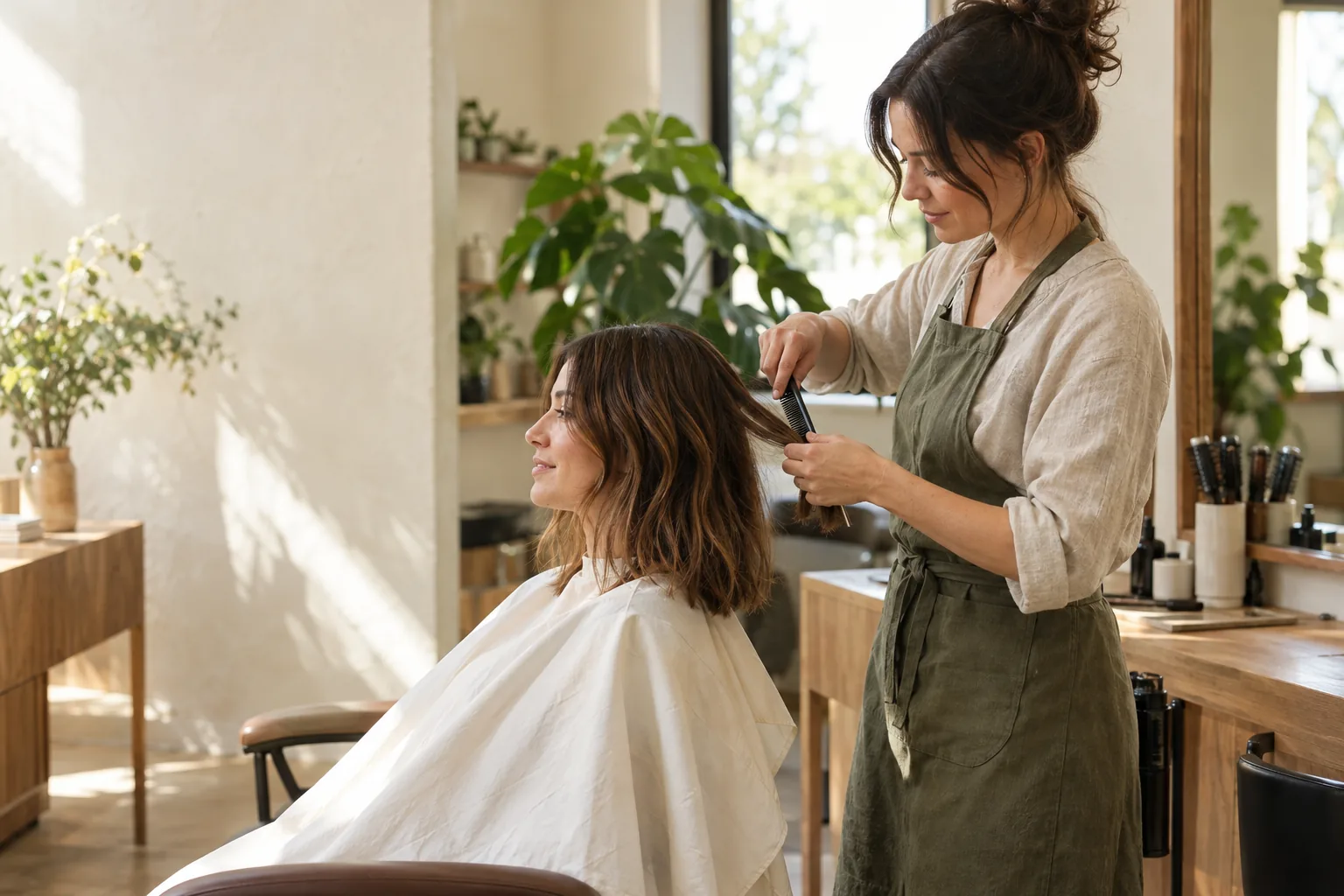 A hairstylist giving a client a haircut in a bright, welcoming salon